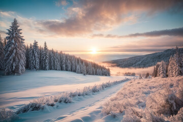 Eyecatching Snowy Mountain Landscape at Sunset with Fir Trees