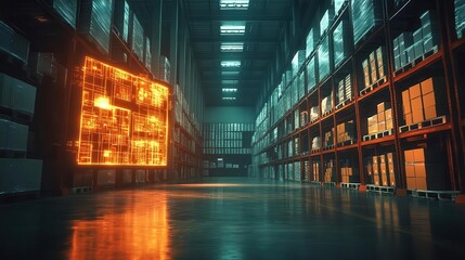 Fototapeta premium A symbolic glowing map of packaging zones displayed in a bustling warehouse, cinematic shadows