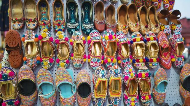 Rajasthani traditional footwear in local shop of Jaipur, India. Handmade colorful jutis and leather shoes in local market. Shopping, travel and exploring culture.