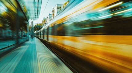 Blurred motion of a train at a station 