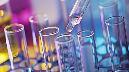Scientist using pipette to add liquid to multiple transparent test tubes in laboratory setting