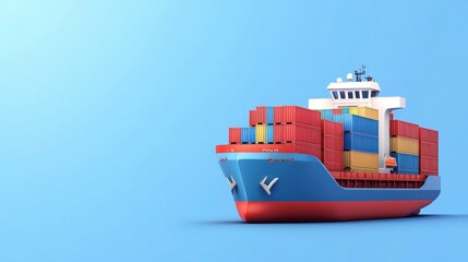Colorful cargo ship loaded with containers sailing on blue background representing shipping and logistics