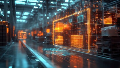 A symbolic glowing packaging zone map displayed holographically in a bustling warehouse, dramatic focus