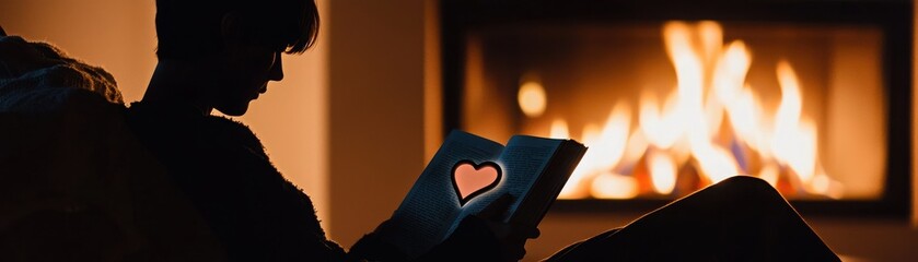 Fototapeta premium Valentine's Day concept, Silhouette of a Person Holding a Book with a Heart Shape in a Cozy Fireplace Setting