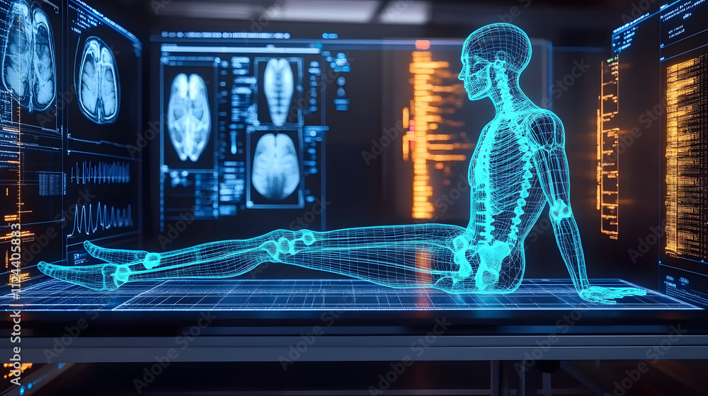 Poster how science and technology are making progress, shown by a picture of a body scan with an x-ray of t