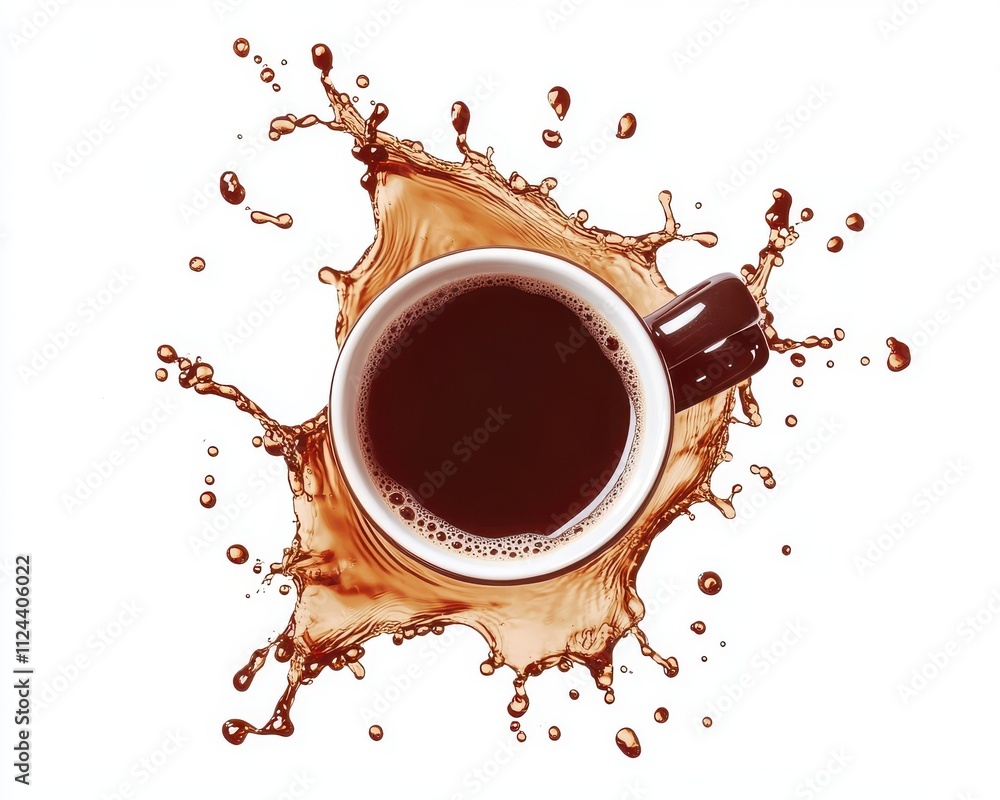 Poster freshly brewed coffee splashing from a cup with liquid surrounding it on a white background for uniq