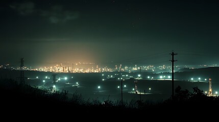 The city at night is lit up with many lights, creating a serene and tranquil atmosphere. The skyline is dotted with tall buildings, and the lights from the cityscape twinkle in the darkness