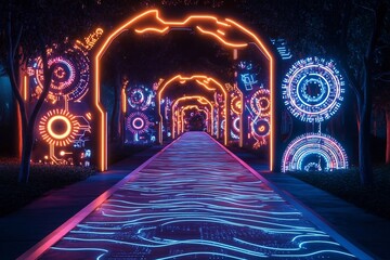 Obraz premium Futuristic Neon Lit Park with Pulsing Lights and Intricate Tech Patterns