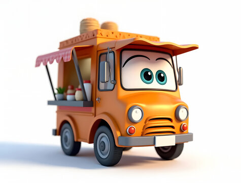 recommend clip art: 3D Caricature Cartoon of Food Cart Van - Street Food Caravan Trailer Illustration for Logos, Mascots, and Clip Art