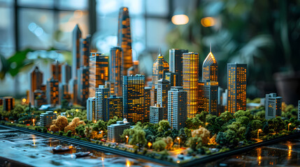 Illuminated Cityscape Model: A meticulously crafted miniature cityscape model, glowing with warm interior lights, is set against a backdrop of lush greenery.