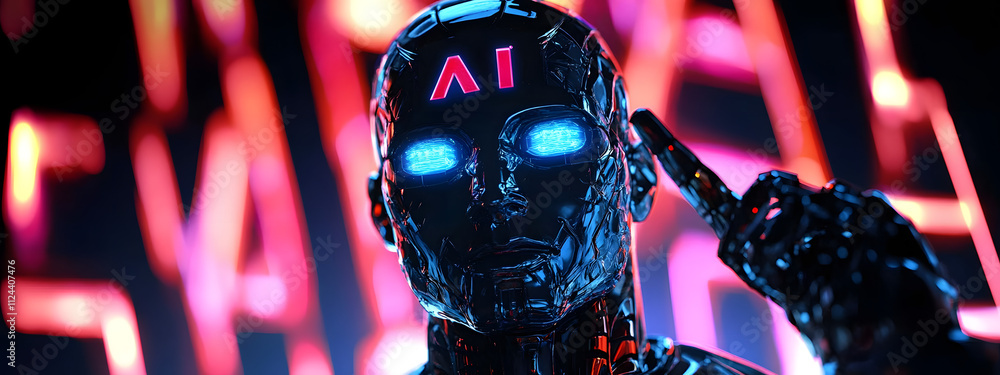 Poster the backdrop of a 3d humanoid ai robot in the metaverse cyberspace digital world, symbolizing the re