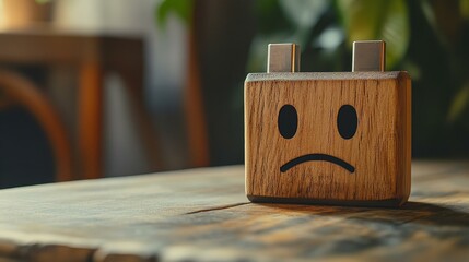 Wooden bad face emoticon with outline battery. Tired of working or low battery.