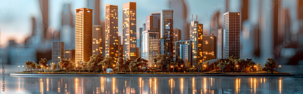 Poster cityscape at dawn: a miniature cityscape reflects in the calm waters, showcasing a stunning array of