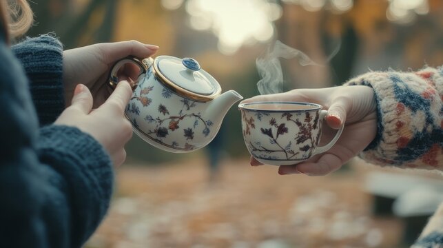 Closeup of womans hands pouring tea frien