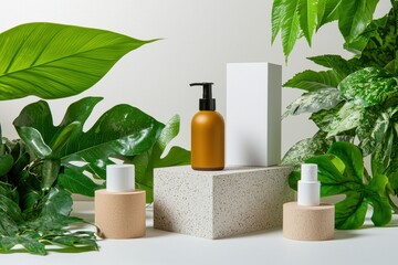 Elegant brown bottle with pump surrounded by lush greenery and modern display elements