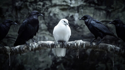Obraz premium A white dove sitting on a branch surrounded by three black crows.