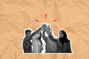 Business people with different diversity raised hands together with a colored background