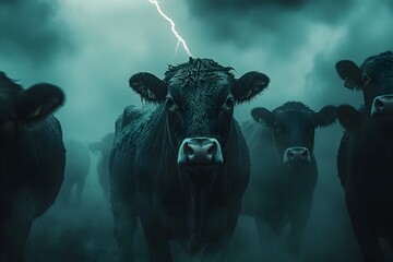 Herd of Cows Startled by Lightning Bolt in Stormy Pasture