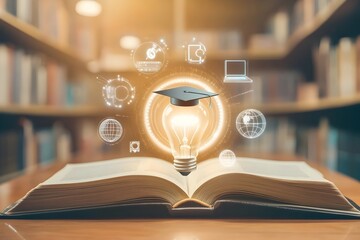 an open book resting on a wooden table, a small glowing light bulb with a graduate hat positioned in the center. surrounding educational icons. education, knowledge and innovation