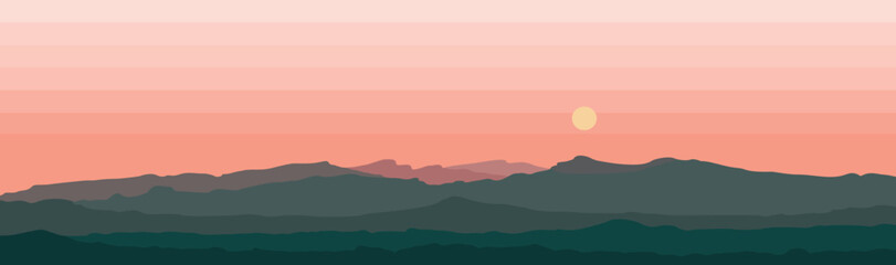 A serene mountain range at sunset with a warm, pink sky.