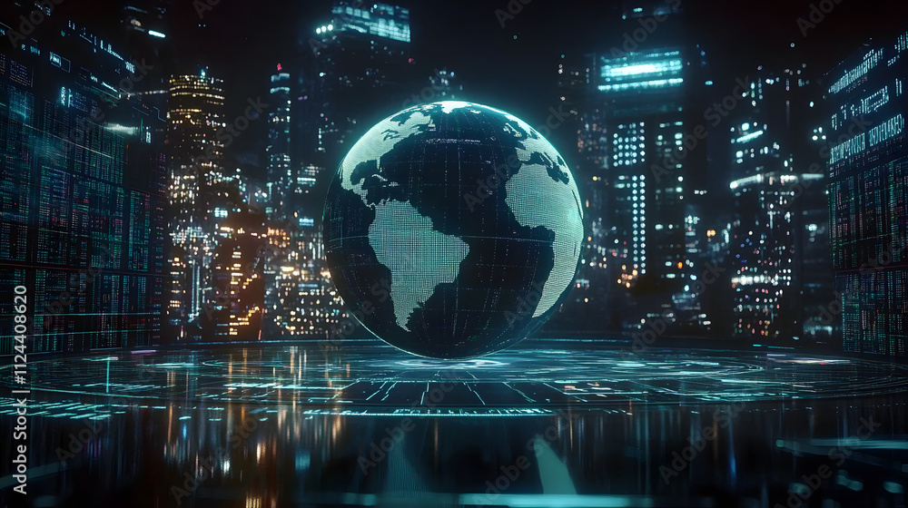 Poster a digital representation of the earth surrounded by data visuals and graphs in a futuristic financia