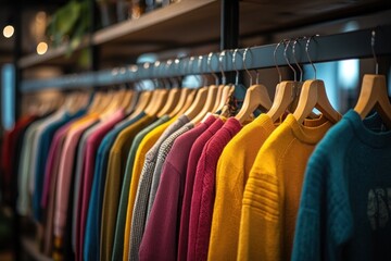 Obraz premium Boutique Clothing Store Colorful Fashion Apparel Shopping Rack Interior Warm Lighting
