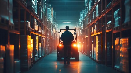 A worker guiding a forklift with glowing safety lights, shelves towering in the background, soft ambient light