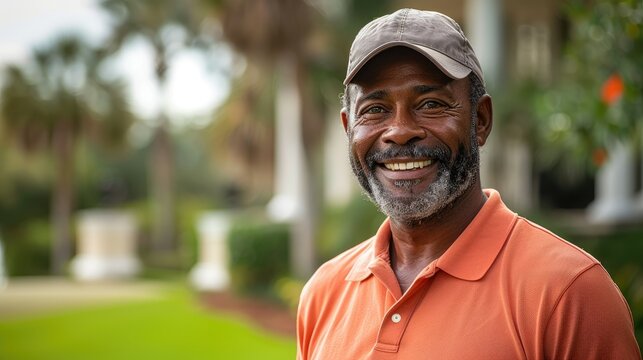 Happy mature man smiling outdoors. - Powered by Adobe