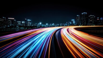 Fototapeta premium Nighttime Urban Landscape with Light Trails from Moving Vehicles