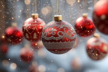 Christmas background with decoration and balls in blue and red  colors. copy space. New Year card. Elegant holiday decor. Aesthetic and modern seasonal vibe