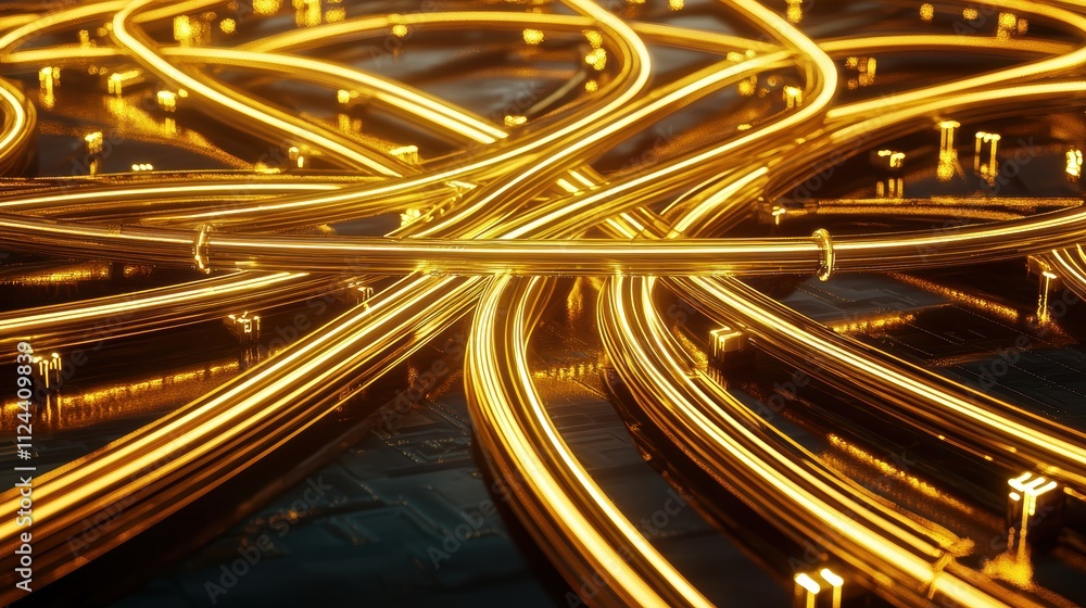 Poster intricate golden light trails with soft reflections on a dark background