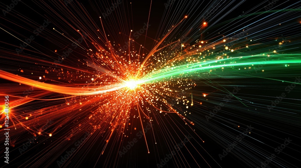 Poster dynamic burst of colorful light with radiating particles and energy in dark background