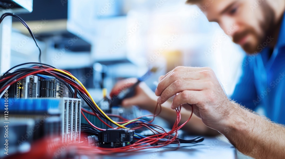 Poster technician working on circuit board with colorful wires and tools