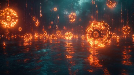 Pulsating Holographic Data Streams with Glowing Cog Symbols in a Digital Landscape