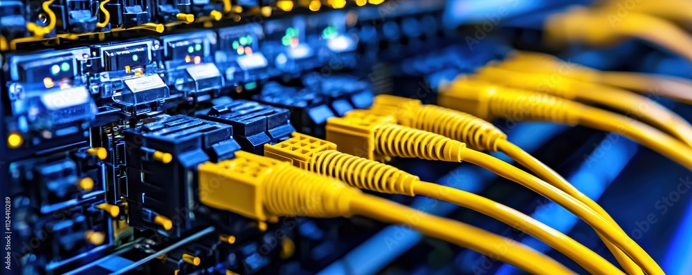 Poster close-up of network switch with multiple yellow ethernet cables