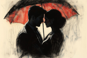 A romantic charcoal drawing of a couple embracing under an umbrella in the rain. 