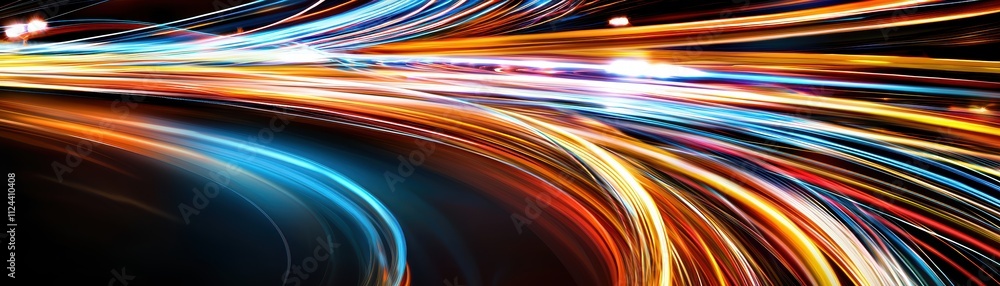 Poster colorful light trails on dark background in abstract motion pattern