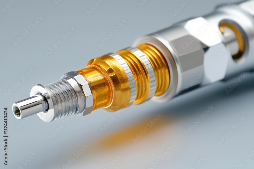 Poster close-up view of mechanical component with metallic and yellow finish