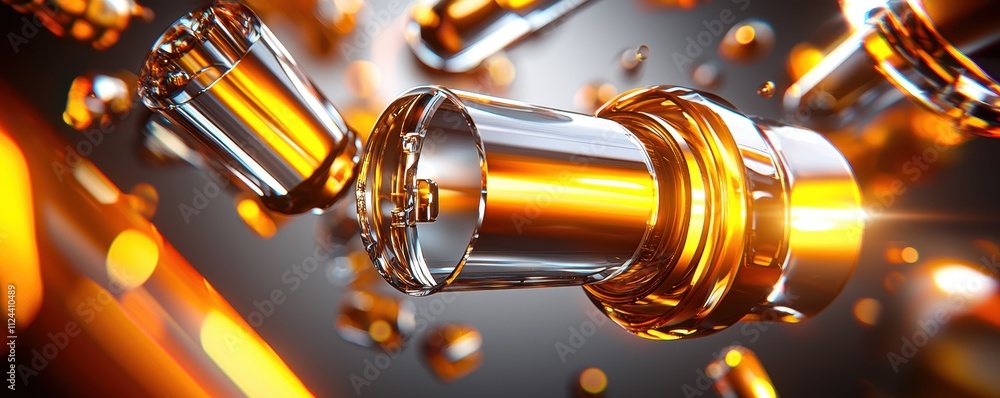 Poster abstract image of glowing metallic components with fluid elements