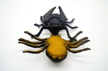 A close up of a black fly toy and a yellow spider toy isolated on a white background. The toys are detailed and realistic, making them ideal for educational or decorative purposes