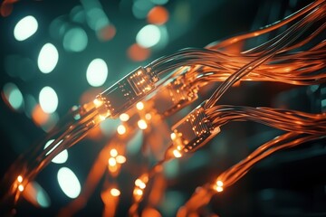 Glowing Orange Cables with Sparkling Lights in Dark Background