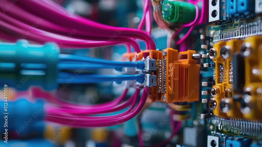 Poster close-up of colorful cables connecting to circuit board components
