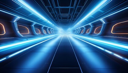 Futuristic illuminated corridor with blue lighting.
