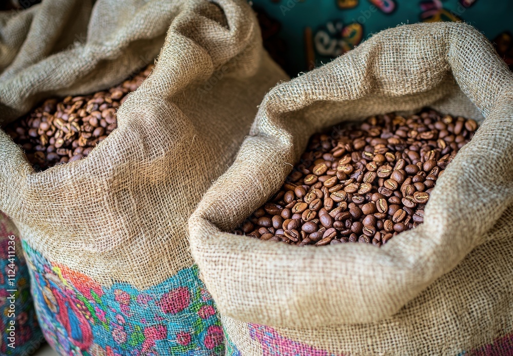 Poster freshly roasted coffee beans in jute bags displayed in a colorful environment with intricate pattern