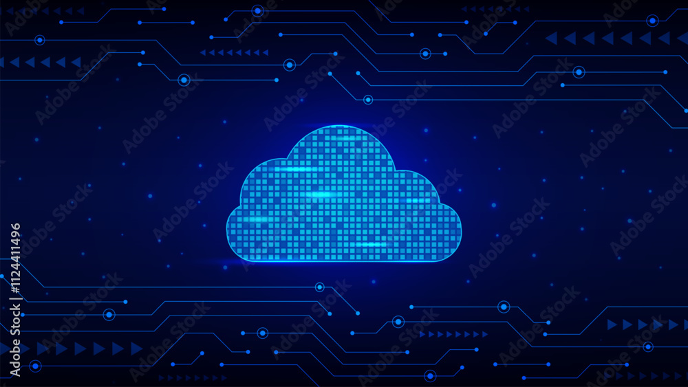 Poster cloud computing with futuristic circuit board on dark blue background. database, online storage and 