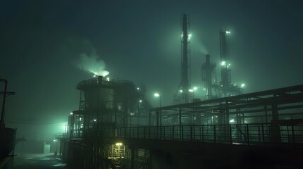 Fototapeta premium A large industrial plant with many tall towers and a beautiful sunset in the background. The atmosphere is serene and peaceful