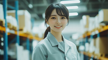工場で働く笑顔のアジア人女性02
