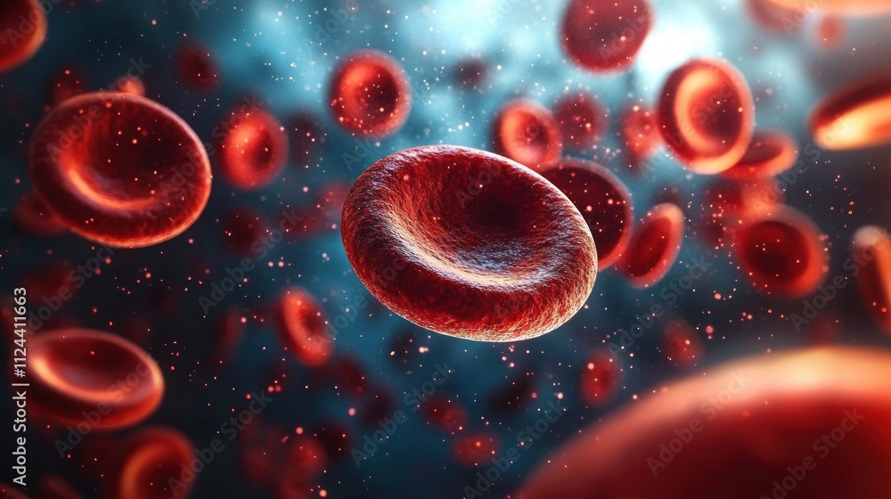 Poster photorealistic 3d rendering of red blood cells in colorful dynamic background