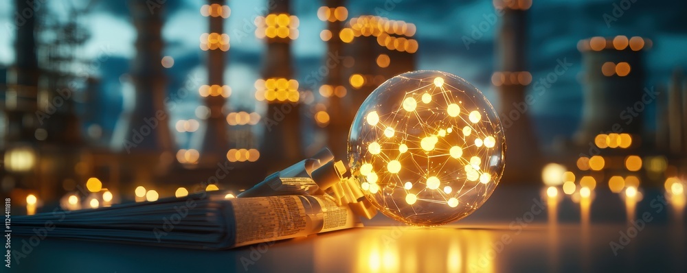 Poster illuminated globe with connections and books in industrial setting
