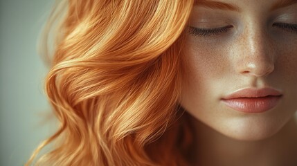 Close-up of Beautiful Young Woman with Flawless Skin and Flowing Hair in Soft Natural Light